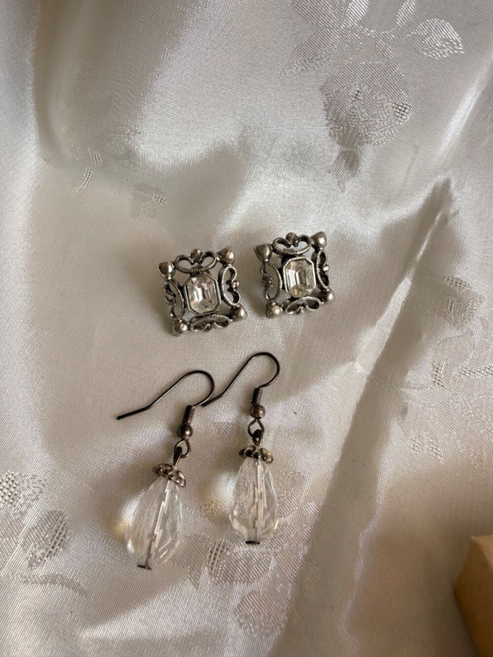 Vintage Silver-Tone Clear Faux Crystal Earring Set - Drop Dangle & Lobe Design
